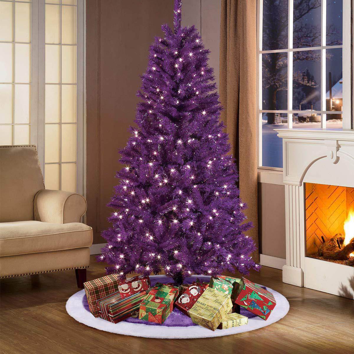 Christmas Tree Purple Coral Velvet Embroidered Letters Snowflake Tree Skirt - Here2Save