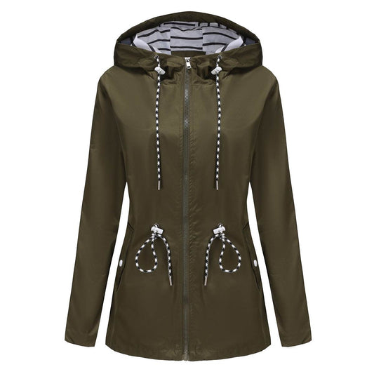Long Sleeved Splashproof Mid Length Windbreaker For Women's Hooded Raincoat - Here2Save