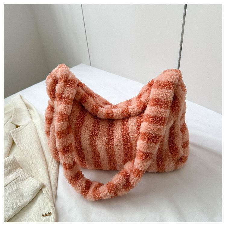 Large-capacity Striped Plush Bag Winter New Fashion Portable Tote Shoulder Bags Shopping Furry Handbags For Women - Here2Save