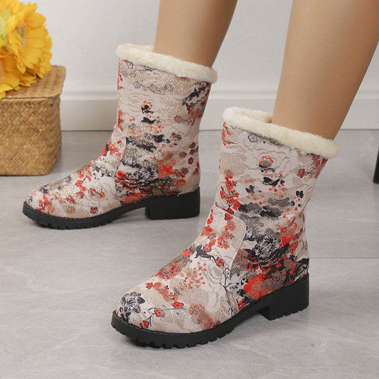 Fashion Flowers Print Ankle Boots With Plush Winter Warm Platform Shoes Women Lightweight Plus Velvet Ankle Boots - Here2Save