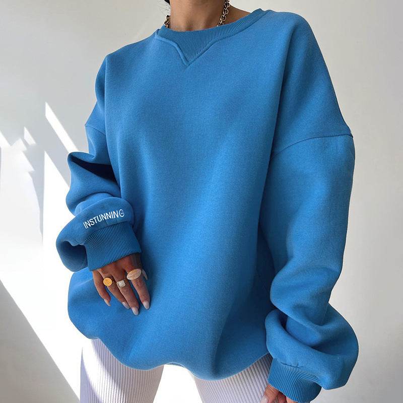 Loose Sweater Women's Casual Round Neck Pullover Tops Solid Color Sports Sweatshirt - Here2Save