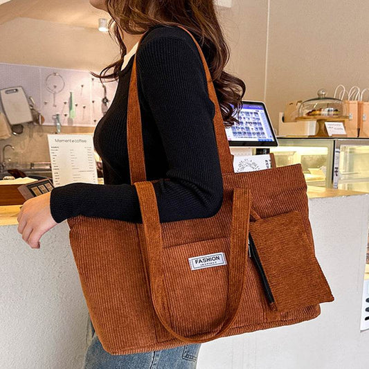 Large-capacity Corduroy Shoulder Bag With Small Woman Purses Composite Bag Solid Color Handbags For Women Winter And Spring - Here2Save