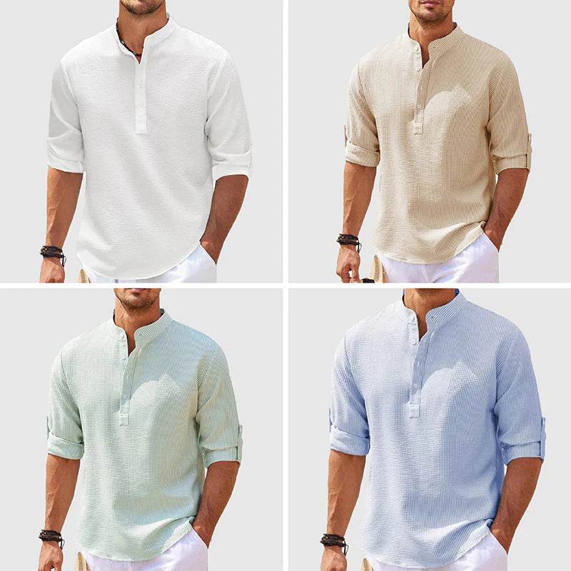 Men's Casual Shirt Long Sleeve Stand Collar Solid Color Shirt Mens Clothing - Here2Save