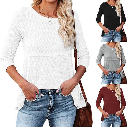 Women's Waffle Fashion Back Hollow Round Neck Long Sleeve Top - Here2Save