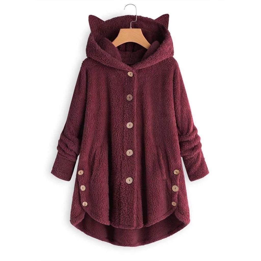 European and American button hooded cat ears plush top - Here2Save