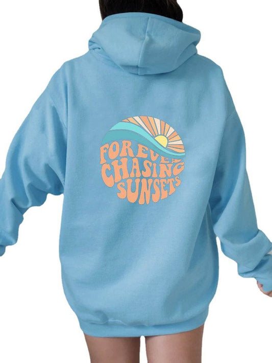 Fleece-lined Sunset Print Kangaroo Pocket Drawstring Hoodie - Here2Save