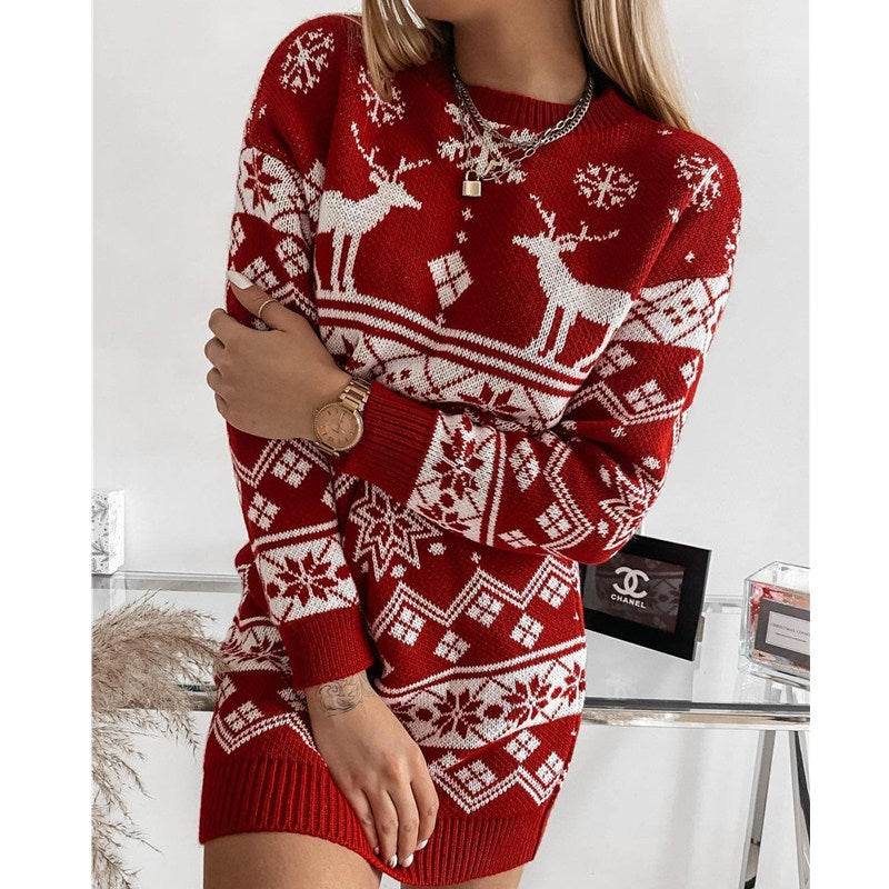 Elk Snowflake Christmas Jacquard Knitted Dress Long Knitted Sweaters - Here2Save