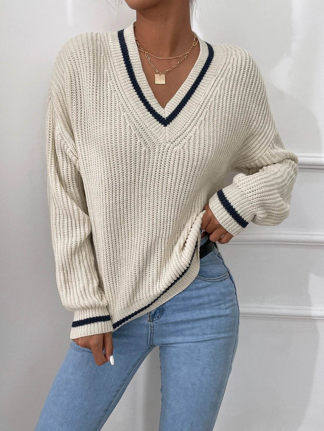 Winter Women's Clothes Cable Knit V Neck Sweaters Casual Long Sleeve Striped Pullover Sweater Trendy Loose Preppy Jumper Top - Here2Save