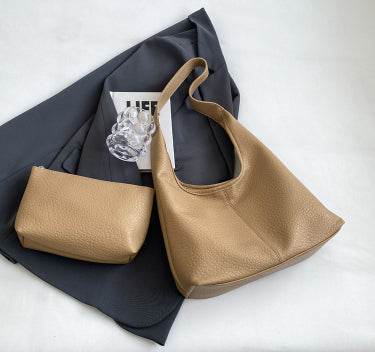 2Pcs Handbags Large Capacity Bag Women Underarm Korean Style Soft Pu Leather Shopping Shouder Bags With Small Wallet - Here2Save