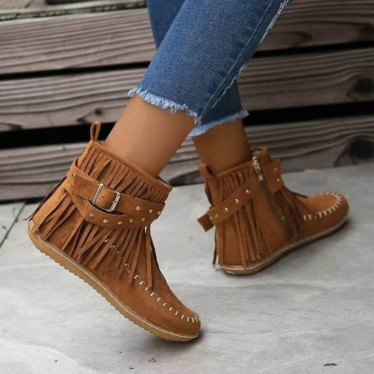 Retro Ankle Boots With Rivet Tassel Flat Shoes Women Winter Boots - Here2Save