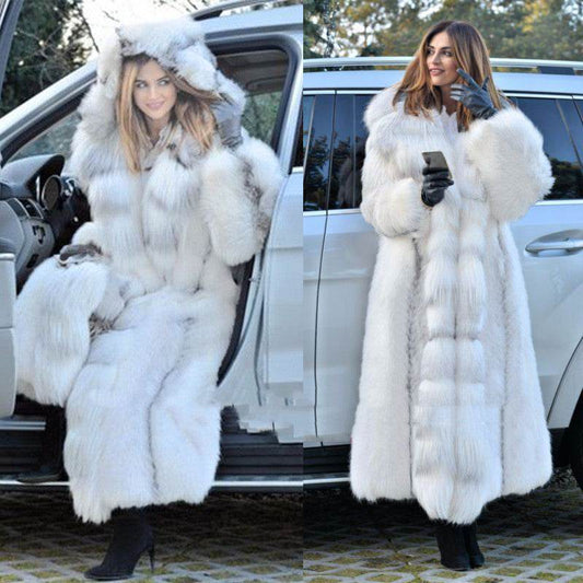 Women's Long Style White Long Fur Coat - Here2Save