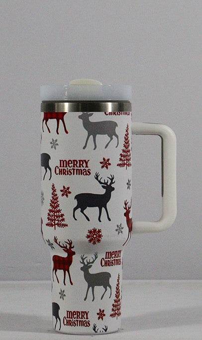 New Christmas Pattern Mug With Handle Lid Straw Drinkware Stainless Steel Vacuum Tumbler Large Capacity Car Travel Coffee Cup - Here2Save