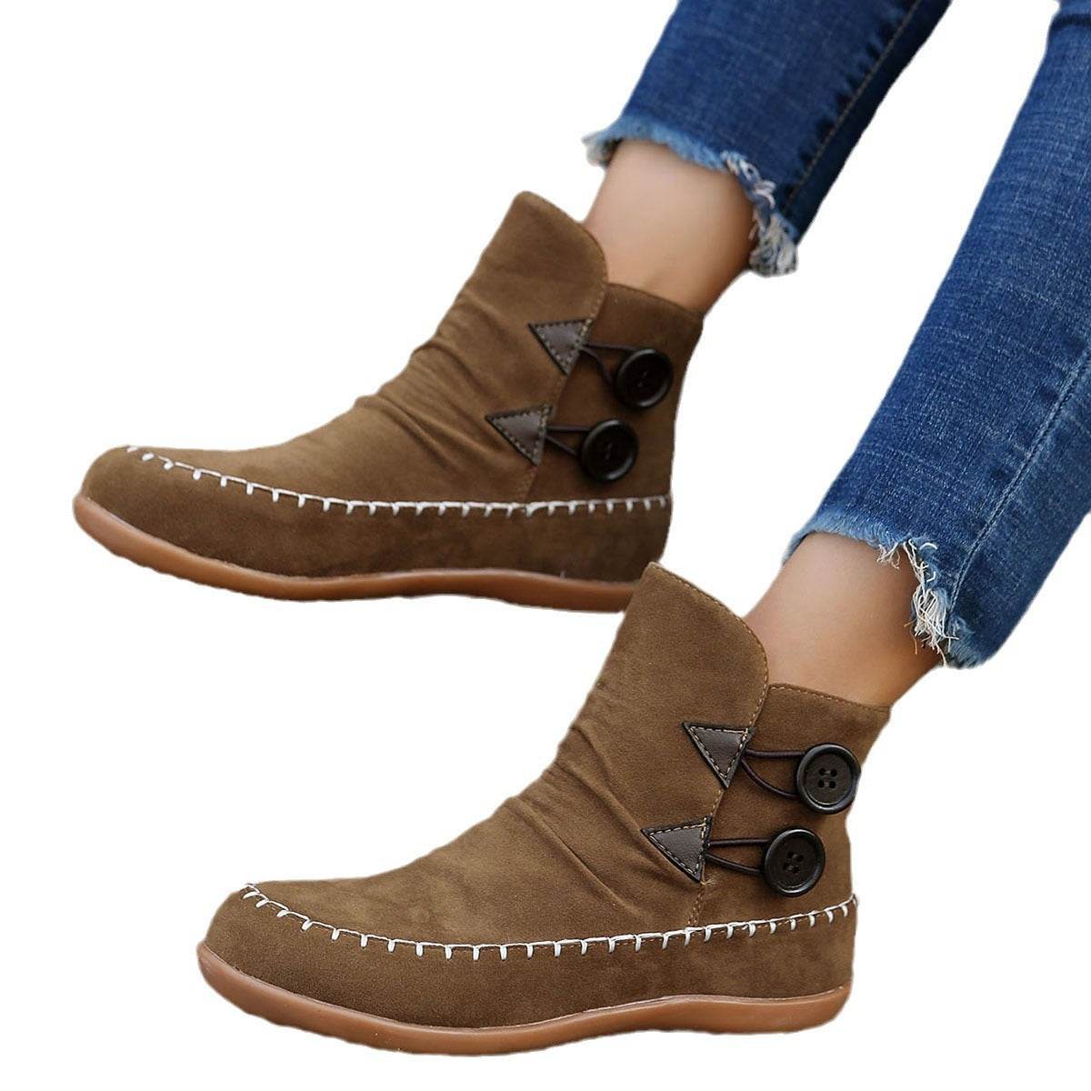 Button Design Ankle Boots For Women Autumn And Winter New Style Flat Boots With Stitching Fashion Solid Round Toe Short Shoes - Here2Save