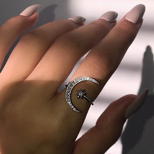 Moon And Star Opening Rings Fashion Rhinestones Personalized Jewelry For Women - Here2Save