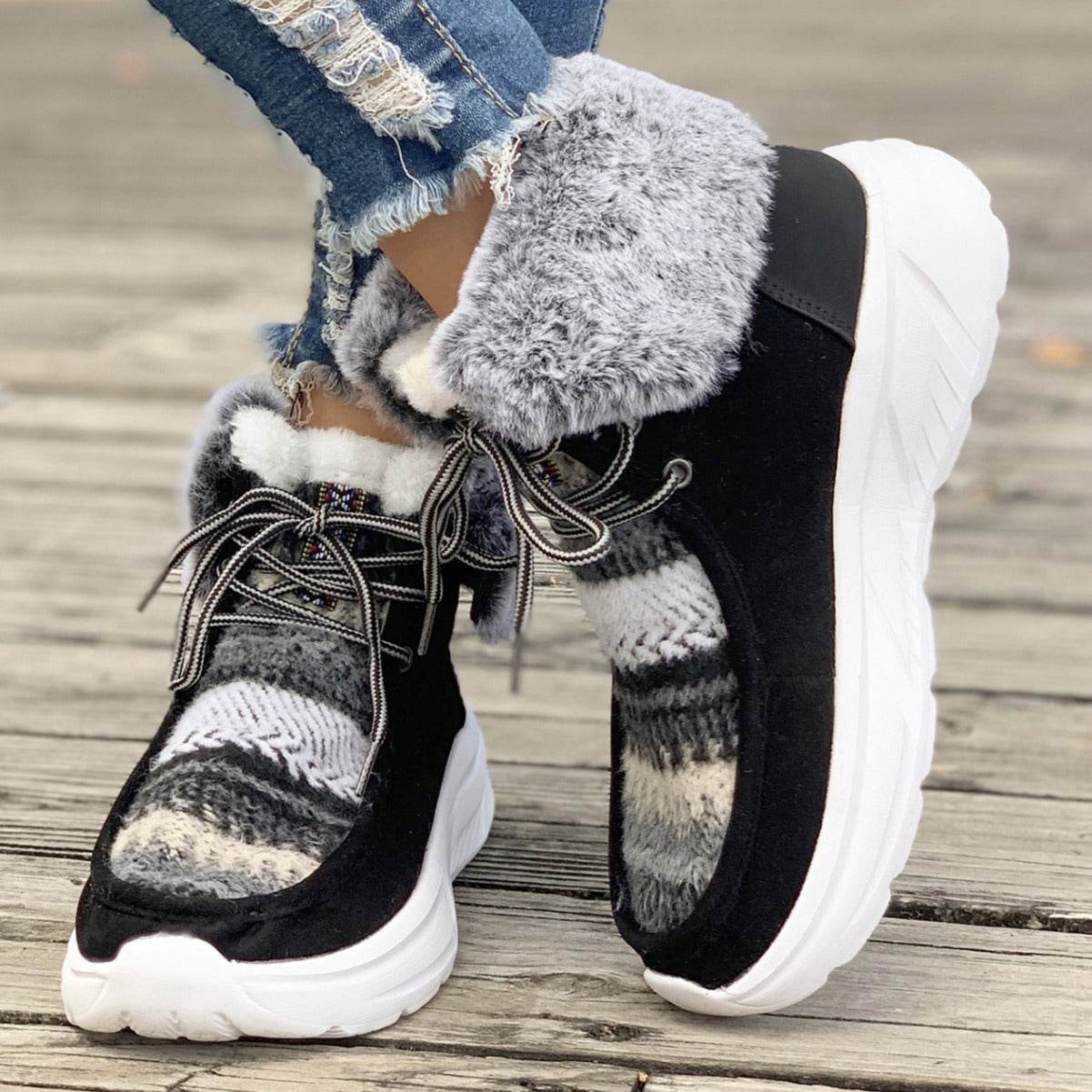 Lace-up Snow Boots Women's Fuzzy Mied-color Soft Sole Platform Thermal Lined Shoes Winter Non-slip Plush Boots - Here2Save