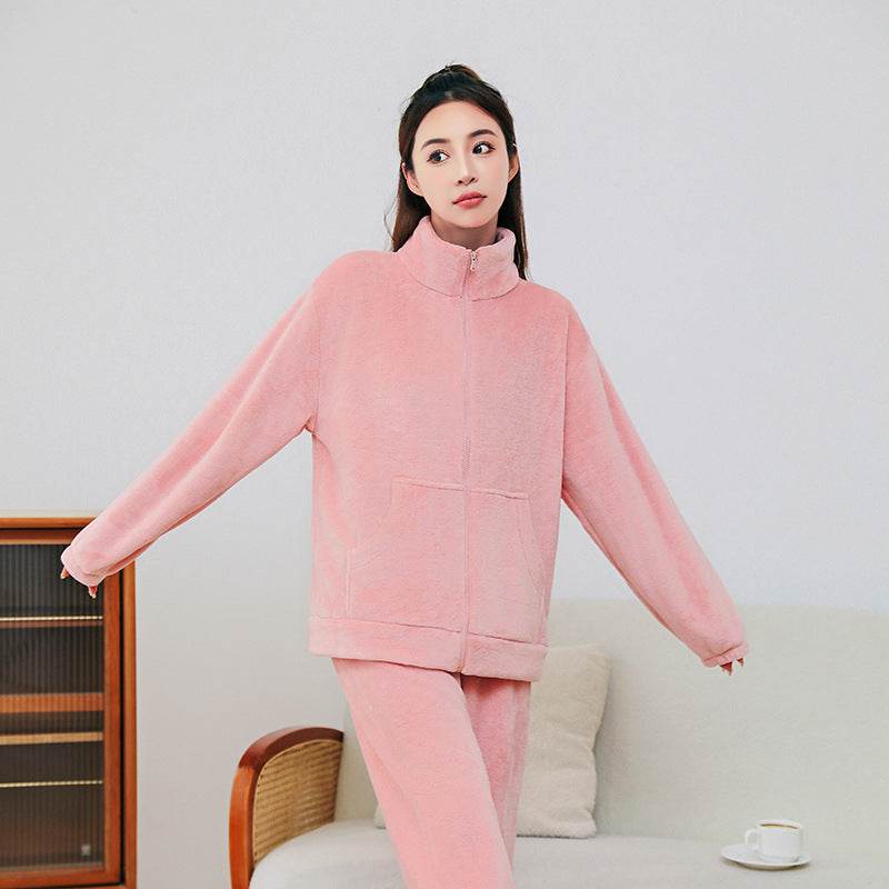 Winter Pajamas Sets Homewear With Pockets Design Thickened Coral Velvet Stand Collar Warm Pajamas Indoor Outdoor Casual Clothes - Here2Save
