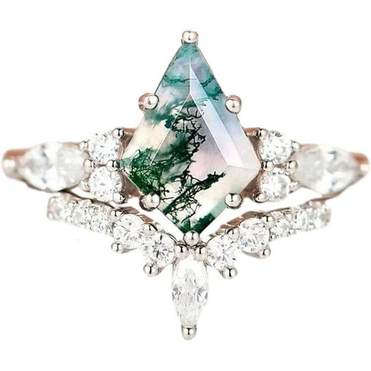2pcs Fashion Rings Natural Green Moss Stone Agate Ring For Women Personalized Jewelry - Here2Save