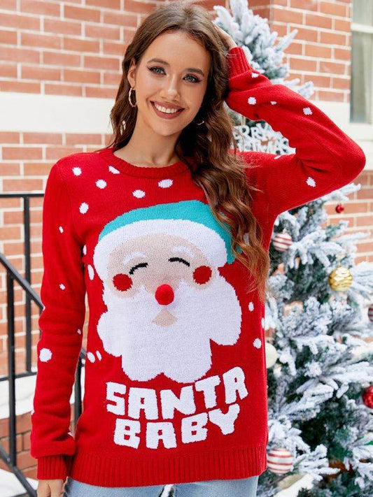 Women's Tops Santa Pullover Sweater Autumn And Winter Letter Embroidery Christmas Red Sweaters Long Sleeve Crew Neck Clothes - Here2Save