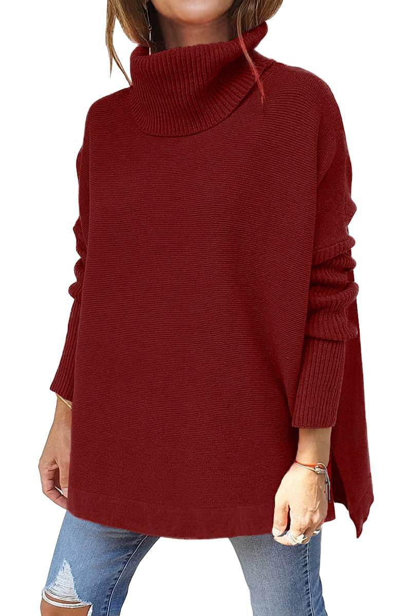 Turtleneck Sweater Mid Length Batwing Sleeve Slit Hem Tunic Pullover Sweaters Winter Tops Women Clothing - Here2Save
