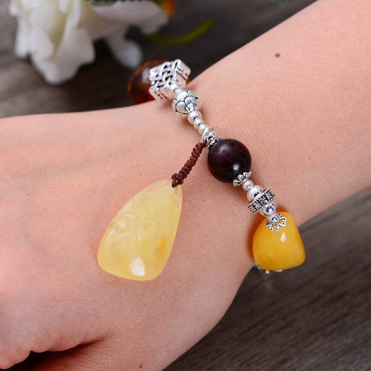 925 Sterling Silver Jewelry Vintage Amber Beeswax Ladies Handmade Bracelet - Here2Save