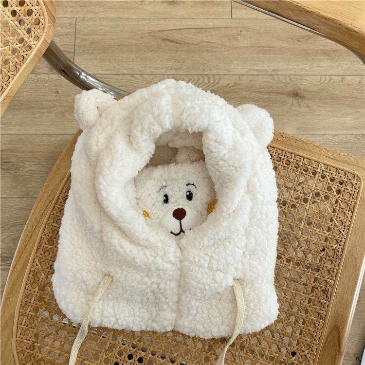 Cute Bear Plush Hat Winter Warm Thickened Scarf With Mask Anf Drawstring Design - Here2Save