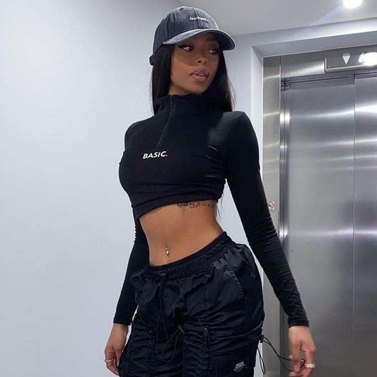 Monogram Print Tight Crop Neck Long Sleeve T-shirt Woman - Here2Save