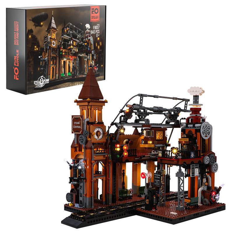 Steampunk Train Station Building Blocks Light Puzzle Model Toys - Here2Save