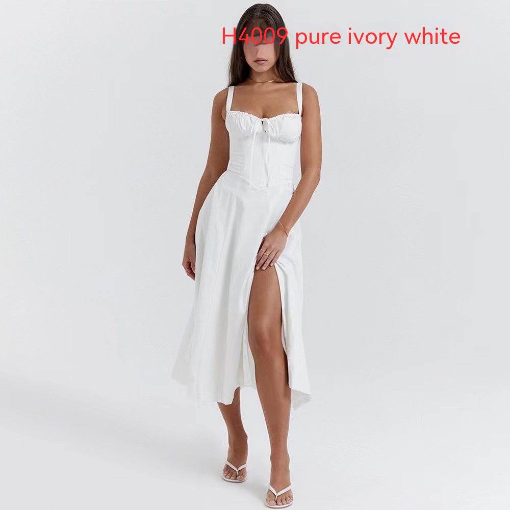 Fashion Suspender Dress For Women Commuter Temperament Solid Color French High Split Party Sexy Dresses Summer - Here2Save