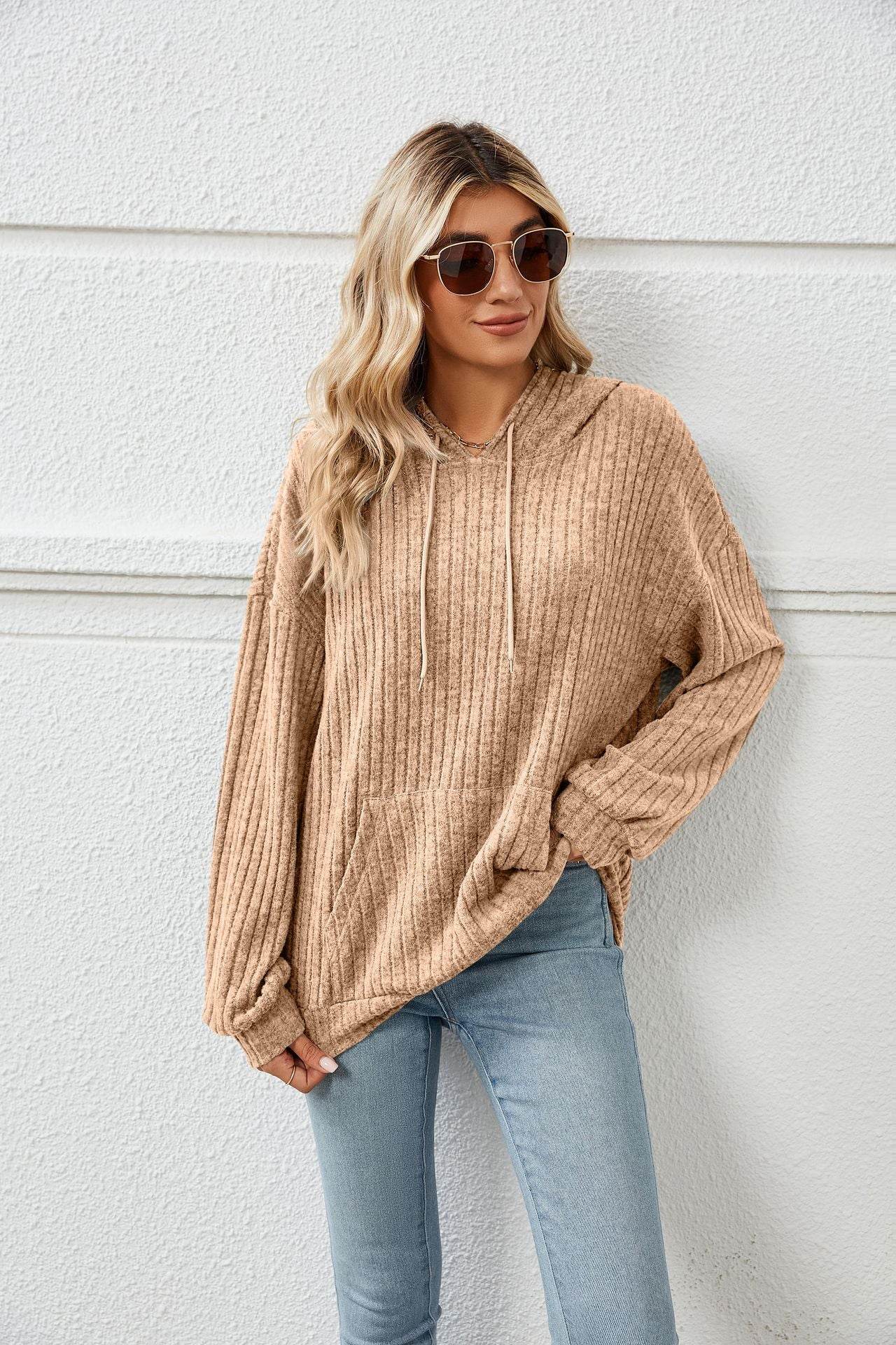 Knitted Sweater With Hooded Pit Stripe Kangaroo Pocket Sweater - Here2Save