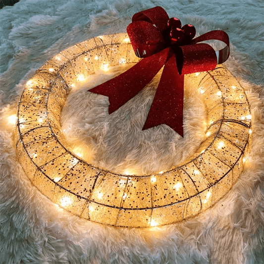 Christmas Garland 50CM Luminous LED Warm Light Metal Luminous Wreath With Big Bowknot Christmas Front Door Home Holiday Party Door Hanging Decor - Here2Save