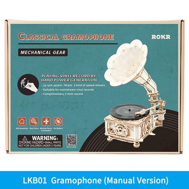 Robotime ROKR DIY Hand Crank Classic Gramophone Wooden Puzzle Model Building Kits Assembly Toy Gift For Children LKB01 - Here2Save