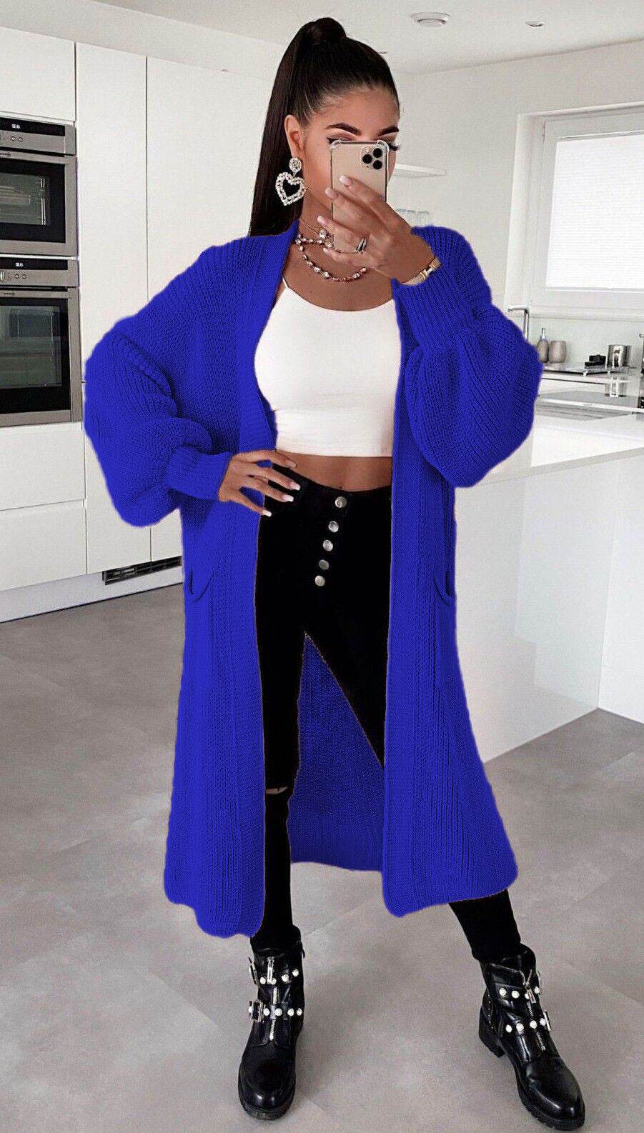 Solid Color Knitwear Pocket Cardigan Mid-length Sweater Women's Coat - Here2Save