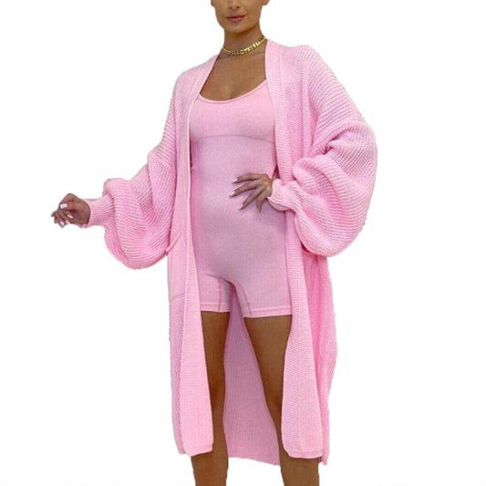 Solid Color Knitwear Pocket Cardigan Mid-length Sweater Women's Coat - Here2Save