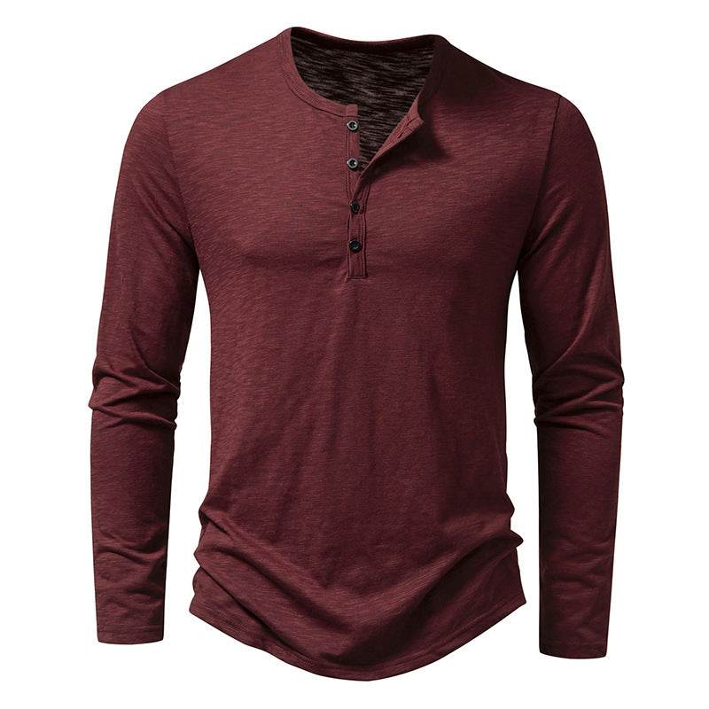 Mens Clothing Long Sleeve T-shirt Fashion Button Henry Collar Tops - Here2Save