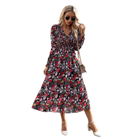 Women's Fashion Elegant V-neck Print Dress - Here2Save