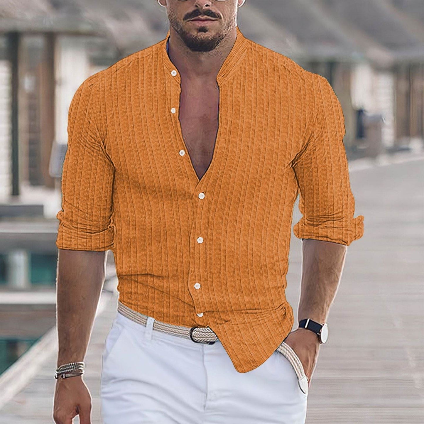 European And American Men's Cotton And Linen Stripes Jacquard Shirt - Here2Save