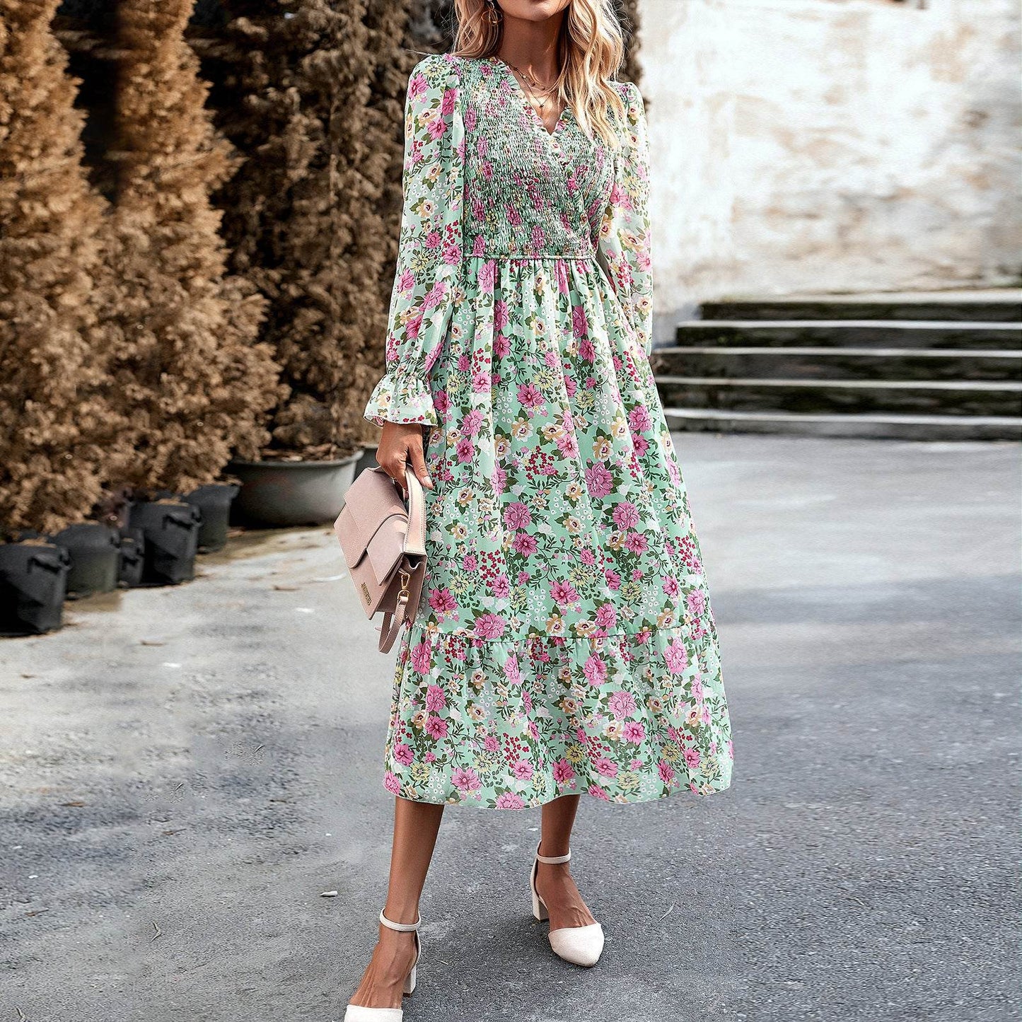 Women's Fashion Elegant V-neck Print Dress - Here2Save