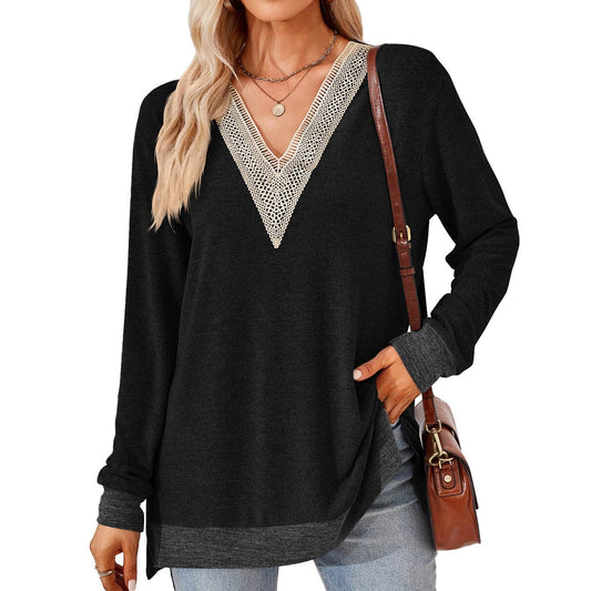 Women's Fashion V-neck Lace Solid Color Loose-fitting T-shirt Top - Here2Save