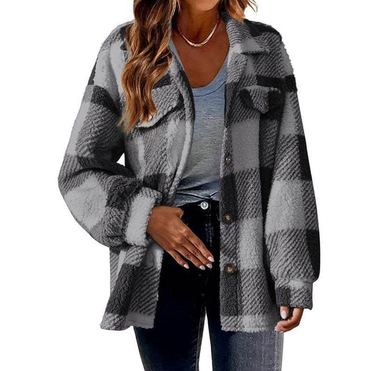 Turndown Collar Plaid Jacket With Pockets Single Breasted Button Down Woolen Jacket Autumn And Winter Clothes For Women - Here2Save