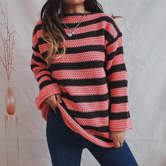 Women's Loose Off Shoulder Striped Long-sleeved Sweater - Here2Save