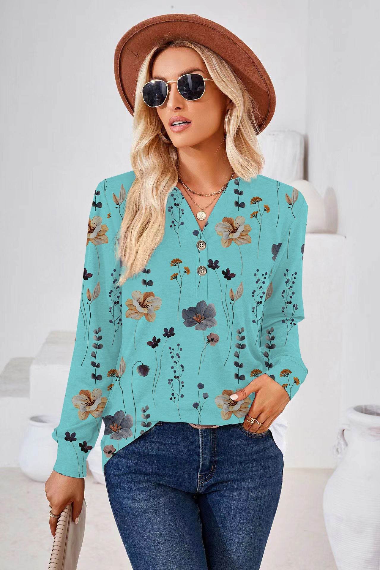 Women's Fashion Casual Printing Button V-neck Long Sleeve - Here2Save