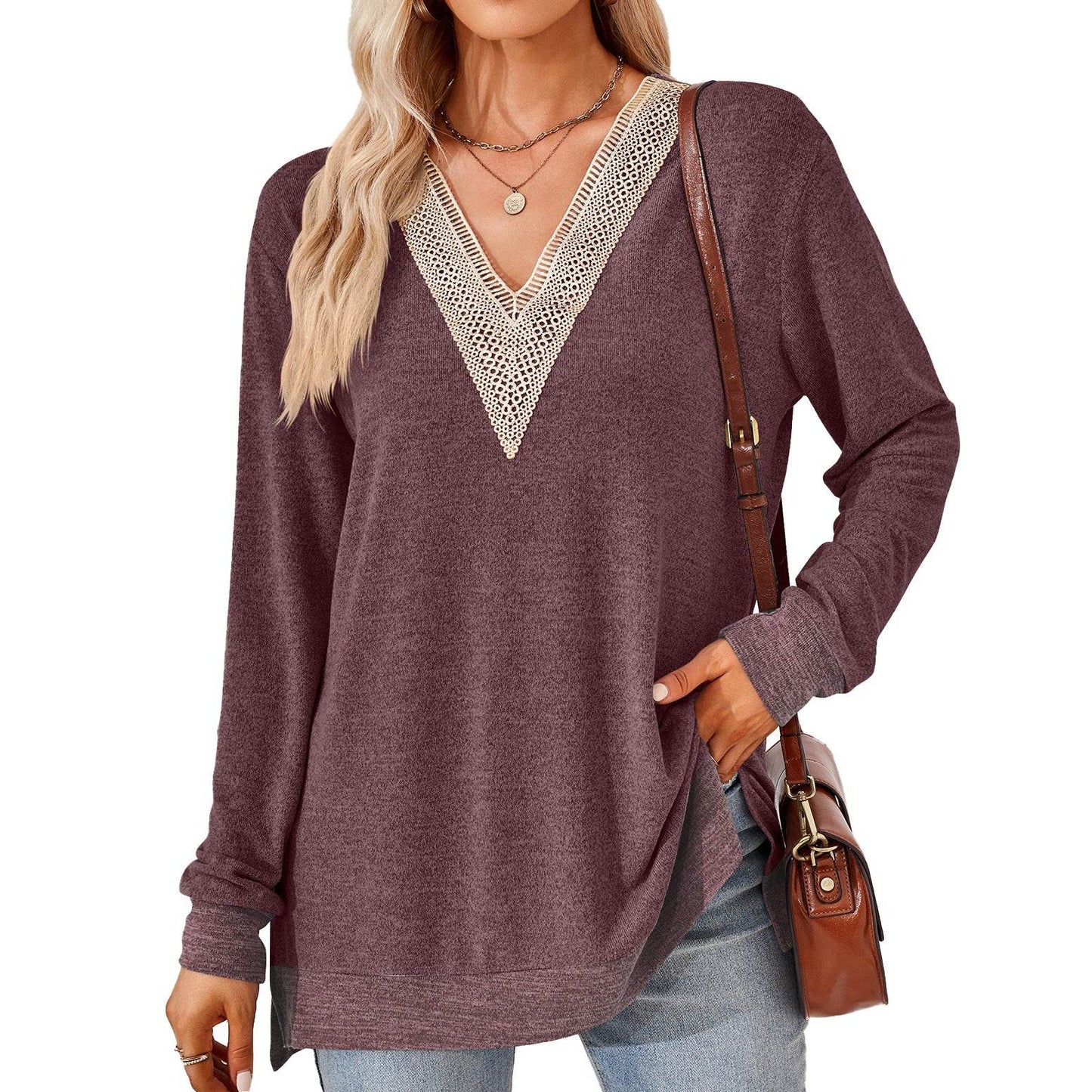Women's Fashion V-neck Lace Solid Color Loose-fitting T-shirt Top - Here2Save