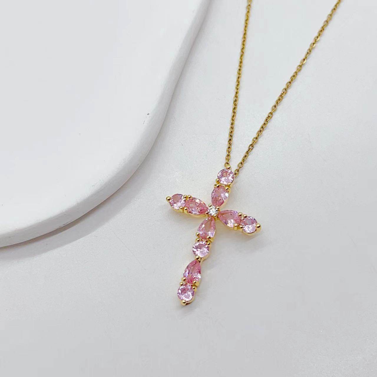 Fashion Jewelry Micro Inlay Colorful Zircon Water Drops Cross Necklace - Here2Save