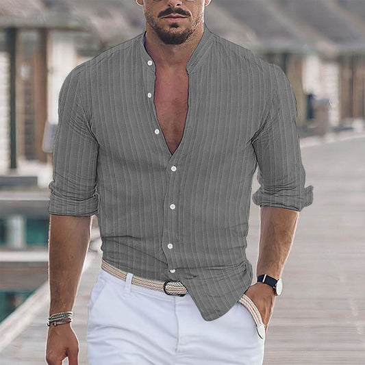 European And American Men's Cotton And Linen Stripes Jacquard Shirt - Here2Save
