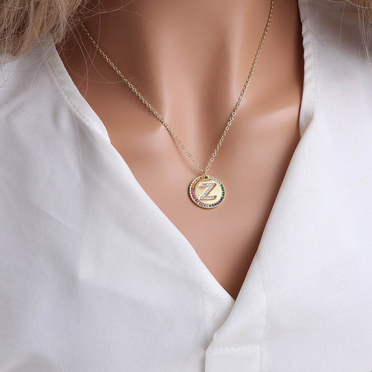 Gold English Letter Round Necklace Colorful Crystals Clavicle Chain - Here2Save