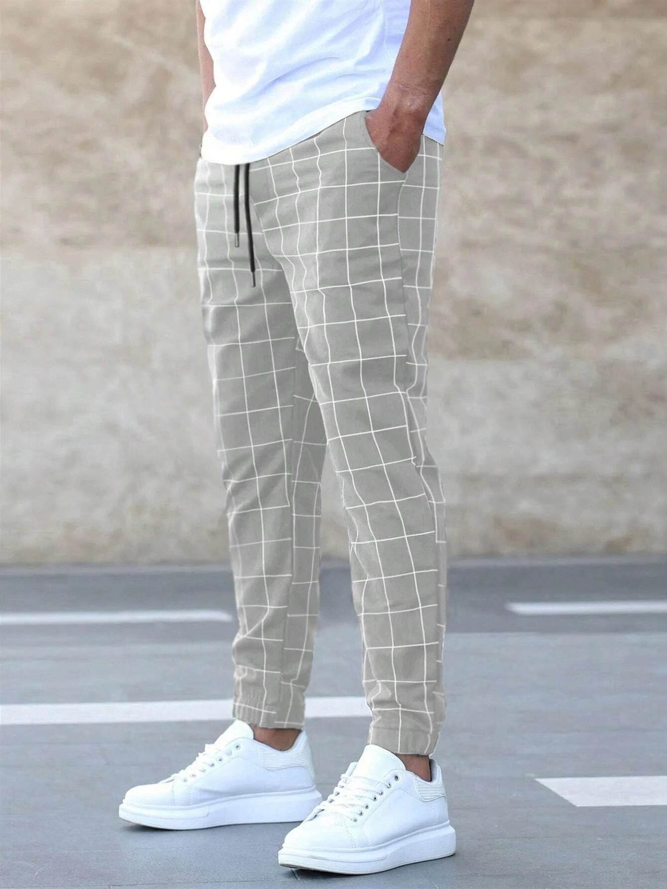 Fashion Plaid Print Pants Men's Casual Drawstring Trousers - Here2Save