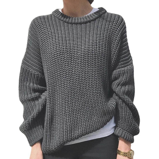 Women's Fashion Casual Simple Thick Needle Long Sleeve Round Neck Loose Knitted Pullover Sweater - Here2Save