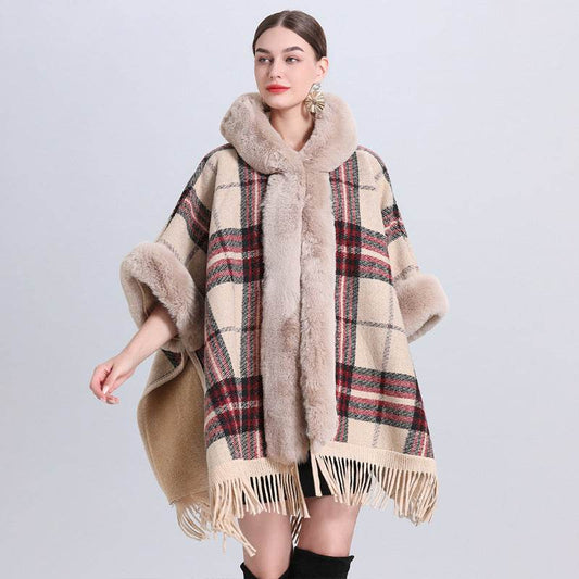 Loose Plaid Plus Cashmere Fur Collar Knitted Inverness - Here2Save