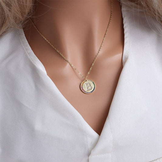 Gold English Letter Round Necklace Colorful Crystals Clavicle Chain - Here2Save