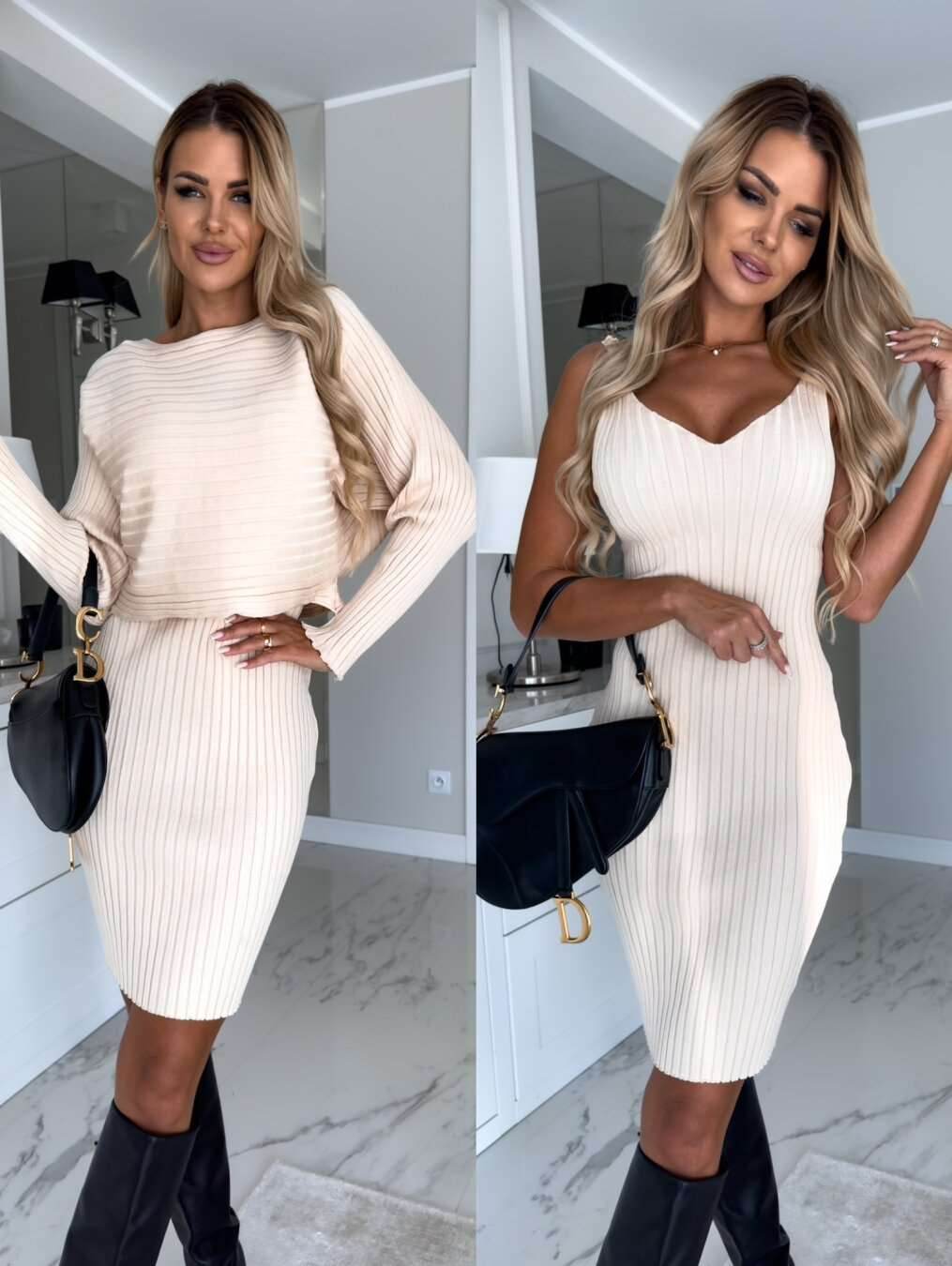 2pcs Suit Women's Solid Stripe Long-sleeved Top And Tight Suspender Skirt Fashion Autumn Winter Slim Clothing - Here2Save